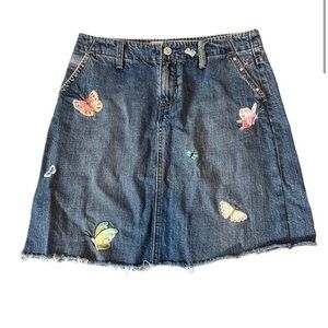 Denim Butterfly Embroidered A-Line Skirt - Blue